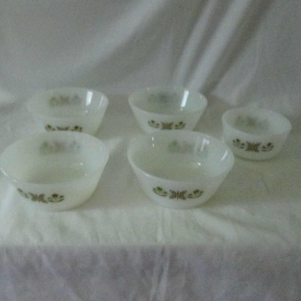 Fire King Anchor Hocking  Green Meadow Dessert Bowls & Custard Dish